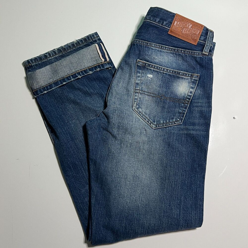 Lucky Brand 363 Vintage Straight Selvedge Jeans Mens 32x32 Blue Distressed